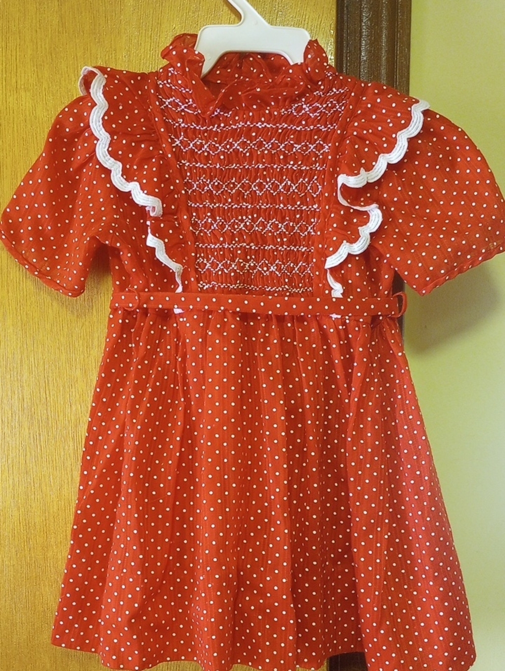 Vintage Retro Red & White Polka Dot Smocked Ruffled Cotton Dress, Size 4?